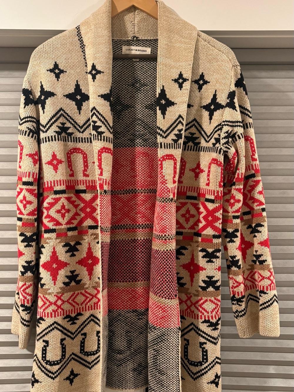 Lucky Brand Tan, Red & Black Patterned Open-Front Cardigan